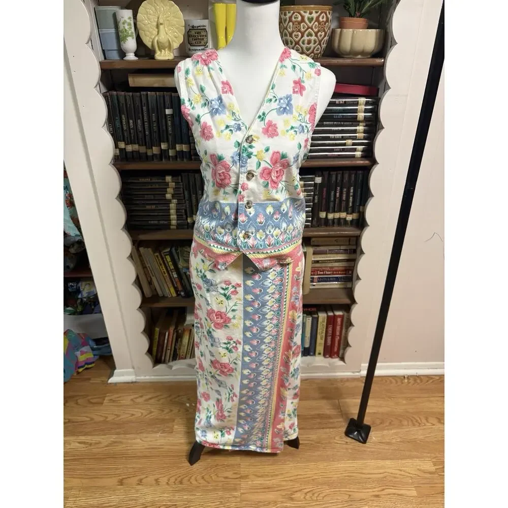 Vintage NWOT Vivaldi Jeanswear Floral Vest Skirt Set USA Made 90s Cottagecore